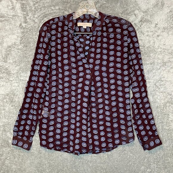 LOFT Women 100% Silk Retro Popover Long Sleeve Polka Dot Sheer Top XS Brown - Picture 1 of 10